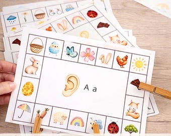 Sound clip cards, phonics activity for children, identifying sounds in words, educational reading game for preschool and first grade (printable PDF)