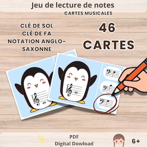 Puede incluir: Un juego de 46 tarjetas de música con temática de pingüinos. Las tarjetas presentan notas musicales y símbolos de clave, con texto en francés e inglés. La imagen también incluye el texto "PDF Digital Download" y "6+".