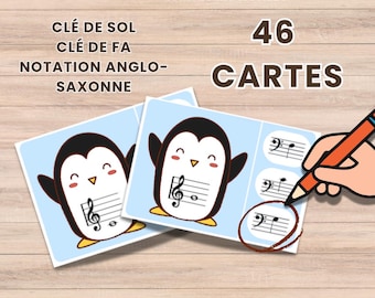 Music clip cards with treble and bass clefs, Anglo-Saxon notation, note reading, children's music education activity, printable PDF game