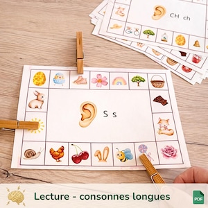 Cartes à pinces sons, activité phonologie enfant, repérer un son dans les mots, jeu éducatif lecture maternelle CP à imprimer PDF