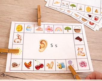 Sound clip cards, phonics activity for children, identifying sounds in words, educational reading game for preschool and first grade (printable PDF)