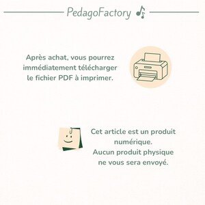 May include: Cream-colored graphic with the text "PedagoFactory" at the top. The image includes a printer icon and text in French indicating a downloadable PDF file after purchase. A sticky note with a smiley face is also present.