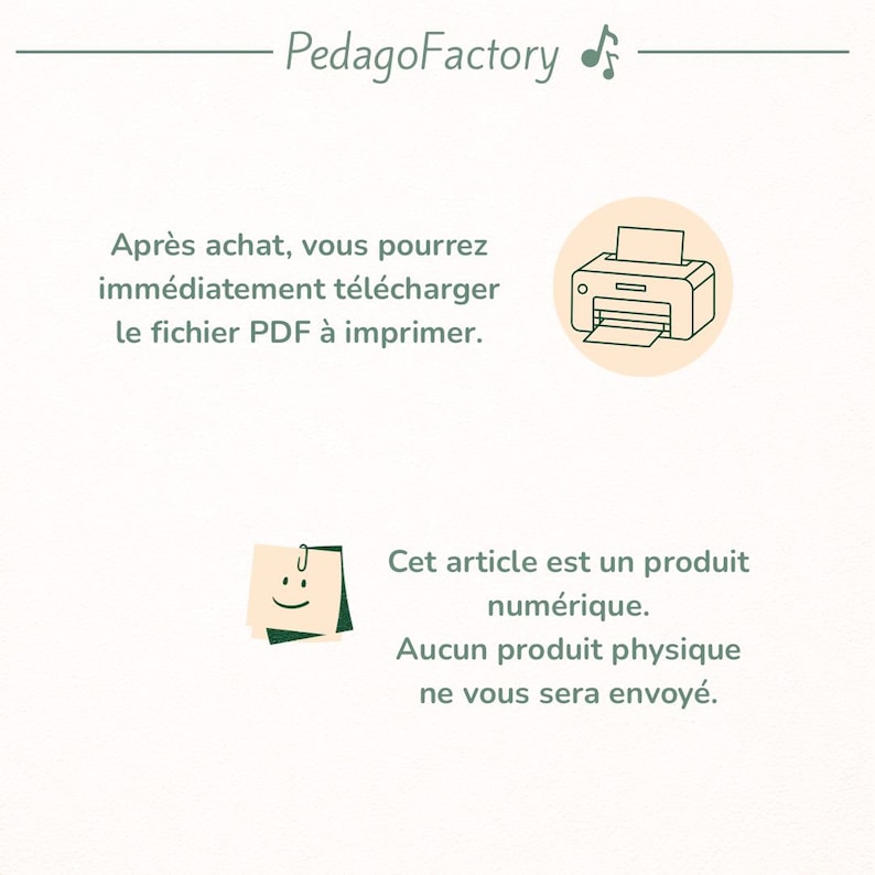 May include: Cream-colored graphic with the text "PedagoFactory" at the top. The image includes a printer icon and text in French indicating a downloadable PDF file after purchase. A sticky note with a smiley face is also present.