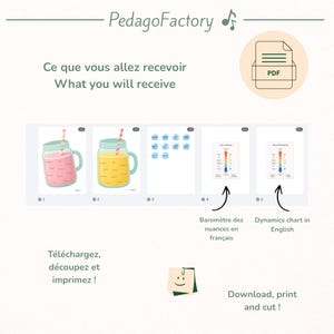 May include: An image from PedagoFactory with the text "What you will receive". It includes illustrations of drinks, music dynamics charts, and other educational materials. The image also contains the text "Download, print and cut!"