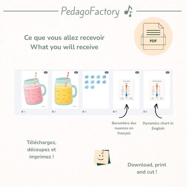 May include: An image from PedagoFactory with the text "What you will receive". It includes illustrations of drinks, music dynamics charts, and other educational materials. The image also contains the text "Download, print and cut!"