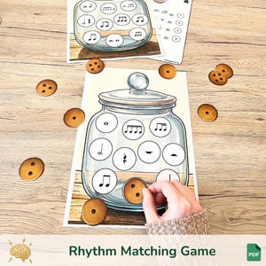 Musikrytmmatchningsspel för barn | Montessorimusikaktivitet | Notvärdeslärningsspel | Hemundervisningsmusikverktyg | Utskrivbart musikspel bild 1