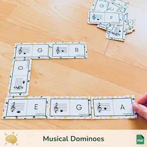 Peut inclure: Un jeu de dominos musicaux rectangulaires avec un fond blanc et une bordure à motifs de citrons. Chaque domino est divisé en deux sections, affichant une note de musique sur une portée d'un côté et une lettre correspondante de l'autre.