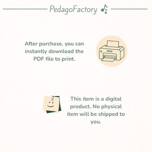 May include: Cream-colored graphic with the text "PedagoFactory" and a musical note icon. The image includes a printer icon and text stating the item is a digital product, available for instant PDF download.