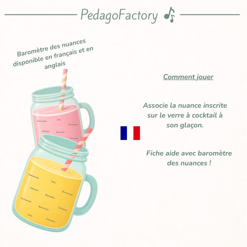 May include: Two mason jar glasses filled with pink and yellow liquids, each with a striped straw. Text in French and English reads "Barometer of nuances available". The French flag is also present.