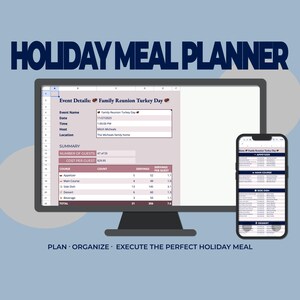 Op de afbeelding: Een computermonitor en een smartphone die een vakantiemaaltijdplanner weergeven. De monitor toont een gedetailleerde spreadsheet met evenementdetails en een overzicht van de gangen. De smartphone weerspiegelt de informatie. Bovenin staat de tekst "HOLIDAY MEAL PLANNER".