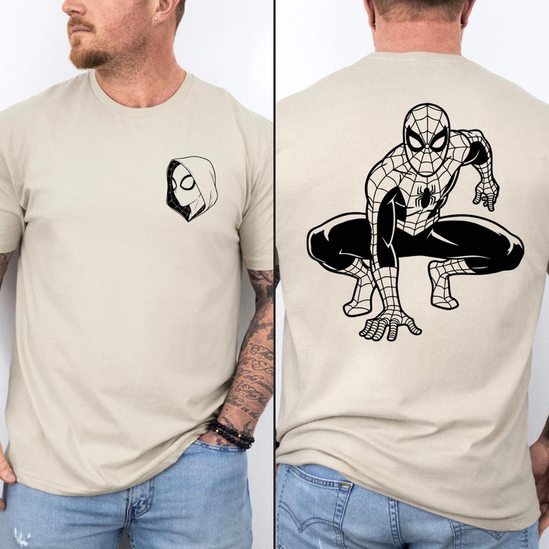 Minimalist Spider Man Shirt, Clean Line Art Superhero Tee, Retro Spider Gwen Hooded Front Pocket Print, Vintage Aesthetic Comic T-Shirt image 1