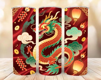 中国龍柄タンブラー用ラップ、旧正月デザイン（PDFパターン、20オンス、スリムタイプ、昇華プリント対応）