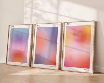 3er Set Aura Poster Energetic, Balanced & Warmth Farbverlaufswand Kunst druckbare Dekoration