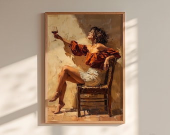 May include: Oil painting in a light brown wooden frame, depicting a person seated on a wooden chair, raising a glass of red wine. The person wears a rust-coloured off-the-shoulder top and a white skirt. The artwork hangs on a beige wall.