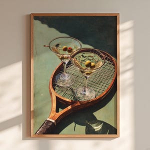 Vintage-style painting of tennis racket with martini glass in green tones, preppy country club art