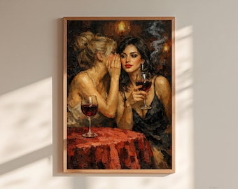 Dark Academia Oil Painting Print, Whispering Women Art, Wine Bar Decor, Trendy Digital Download