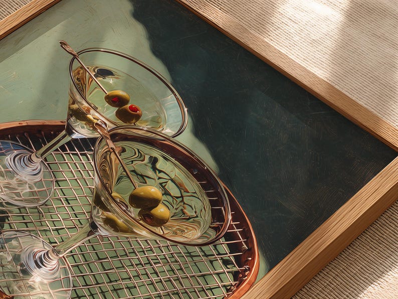 May include: Two martini glasses with olives on a decorative tray. The glasses are filled with a clear liquid and garnished with green olives. The tray has a copper-coloured rim and a grid pattern.