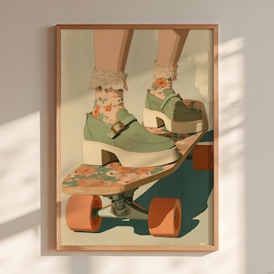 May include: A framed art print featuring a person's legs and feet on a skateboard. The person wears green shoes with a buckle, floral socks, and lace trim. The skateboard has a floral design and orange wheels.
