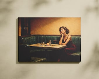 May include: A canvas print depicting a woman in a burgundy dress seated at a table in a restaurant booth. A glass of wine and a small plate of food are on the table. The booth has green leather seating and a wooden table.