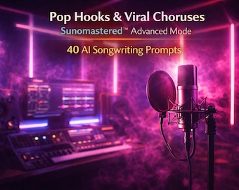 Podpowiedzi do piosenek popowych AI dla Suno | Pakiet do tworzenia viralowych refrenów i chwytów – tryb zaawansowany Sunomastered