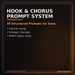 May include: Digital graphic with the text "HOOK & CHORUS PROMPT SYSTEM" and "30 Structured Prompts for Suno." Bullet points highlight features: "Catchier songs," "Stronger choruses," and "Better replay value." The background is dark with a gradient.