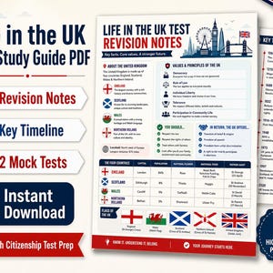 Op de afbeelding: Een Life in the UK Test studiegids PDF met revisienotities, een tijdlijn en twee proeftoetsen. Het document bevat informatie over Britse waarden, principes en de vier landen van het Verenigd Koninkrijk, inclusief vlaggen en een feitentabel.