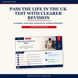 Könnte beinhalten: Ein digitales Lernpaket für den Life in the UK Test mit 120 visuellen Premium-Lernkarten. Die Anzeige zeigt eine Beispielkarte mit dem Titel UK Basics, die Fakten, Prüfungstipps und Hintergründe sowie ein Foto einer Person am Computer enthält.