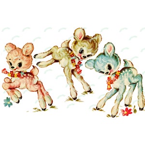 3 Darling Bambis, téléchargement numérique vintage, cerf duveteux, carte de voeux vintage, imprimable, cartes, scrapbooking, feuille de collage vintage