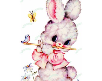 May include: A white bunny rabbit with pink ears and a pink bow plays a flute. The bunny is surrounded by blue and white flowers.