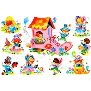 9 imágenes de rimas infantiles, Descarga digital vintage, Tarjeta de felicitación vintage, Imprimible, Tarjetas, Scrapbooking, Hoja de collage vintage