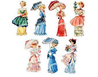 May include: Seven vintage illustrations of women in various dresses and hats, some holding parasols or flowers. The women are depicted in a whimsical style with bright colors and intricate details.