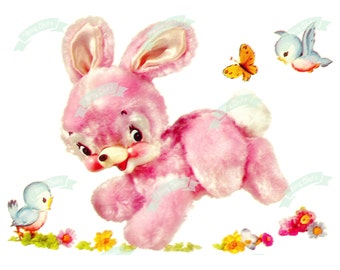 May include: A vintage-style illustration features a pink bunny with a white tail, surrounded by a butterfly, birds, and flowers. The bunny has a cheerful expression. The artwork has a soft, pastel color palette, evoking a sense of nostalgia and springtime.