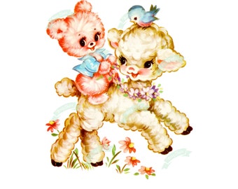 May include: A pink teddy bear riding on a white lamb with a blue bird perched on its head. The lamb is wearing a purple flower garland and there are pink flowers in the background.
