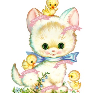 Téléchargement numérique vintage, Sweet Kitty, carte de voeux vintage, imprimable, image de Noël, cartes, scrapbooking, feuille de collage vintage