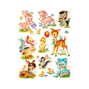 9 animais bebês, download digital vintage, animais fofinhos, cartão de felicitações vintage, imprimível, cartões, scrapbooking, folha de colagem vintage