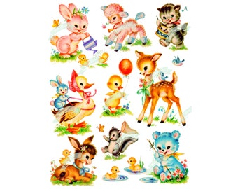 9 Babytiere, Vintage Digitaler Download, Flauschige Tiere, Vintage Grußkarte, druckbar, Karten, Scrapbooking, Vintage Collage Sheet