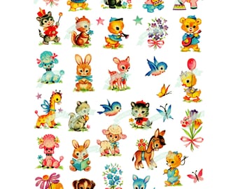 Könnte beinhalten: Eine Sammlung von 28 Vintage-Illustrationen von niedlichen Tieren, darunter eine Giraffe, ein Kaninchen, ein Reh, eine Katze, ein Hund, eine Ente, ein Lamm, ein Esel, ein Bär, ein Eichhörnchen, ein Stinktier, ein Vogel und ein Schmetterling. Die Illustrationen sind im Cartoon-Stil gehalten und bunt.