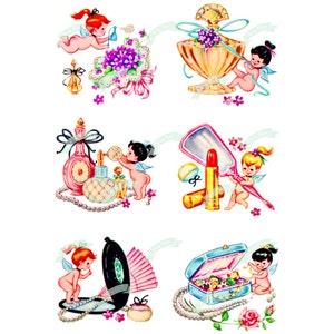 May include: Six illustrations of angels with various beauty products. The angels are depicted with wings and are holding items such as perfume bottles, lipstick, a mirror, and a jewelry box. The illustrations are in a vintage style with bright colors and whimsical details.
