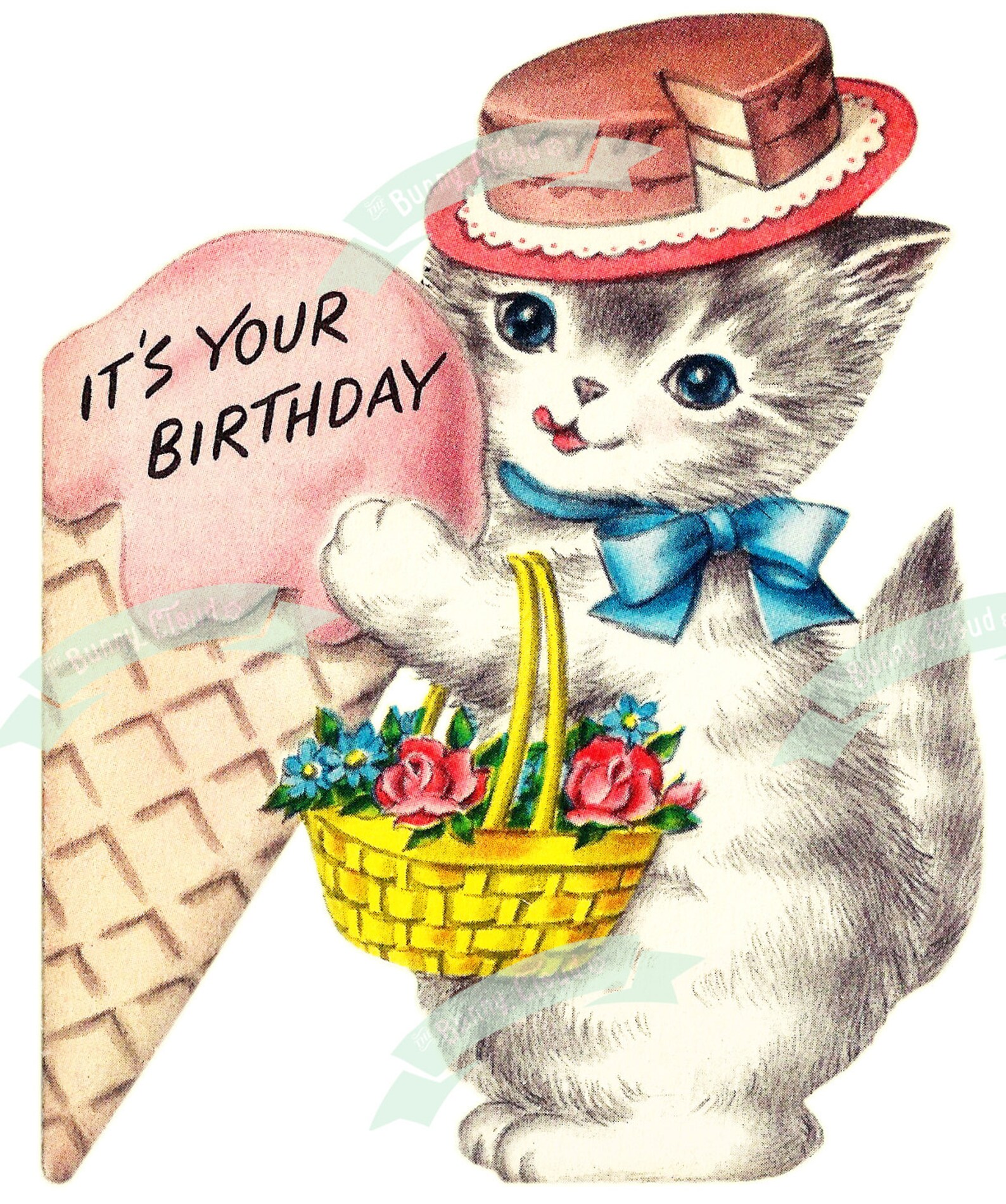 Vintage Digital Download Birthday Kitty Cat Vintage Greeting | Etsy