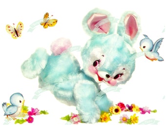 May include: A light blue plush bunny rabbit with pink ears and a pink nose. The bunny is standing on its hind legs and has its front paws raised. There are blue birds and yellow butterflies flying around the bunny. The bunny is surrounded by pink, yellow, and white flowers.