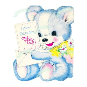 Download digital vintage, urso de aniversário, cartão de felicitações vintage, para impressão, decorações de festa, cartões, álbum de recortes, folha de colagem vintage