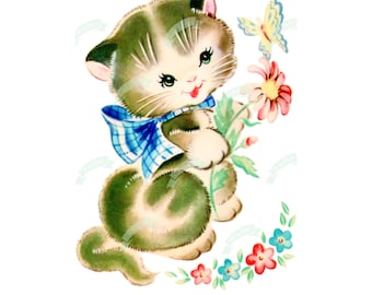 Vintage digitale download, Kitty, vintage wenskaart, afdrukbaar, kerstafbeelding, kaarten, scrapbooking, vintage collagevel
