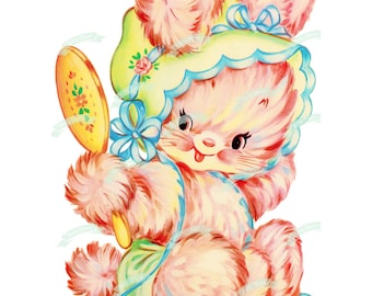May include: A pink bunny rabbit wearing a yellow and blue bonnet with a blue ribbon and holding a yellow hand mirror with floral designs.