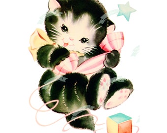 Vintage digitale download, Kitty, vintage wenskaart, afdrukbaar, kerstafbeelding, kaarten, scrapbooking, vintage collagevel