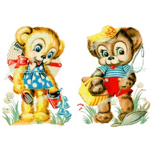 CUTE,Vintage Digital download, Gardening Bears, fluffy, Vintage greeting card, Printable, image, Cards, Scrapbooking,collage sheet