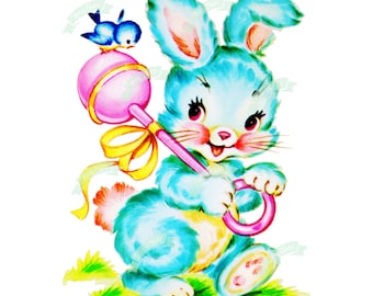 May include: A blue bunny rabbit with pink ears and a pink and yellow rattle. A blue bird is perched on the rattle. The bunny is standing on green grass.
