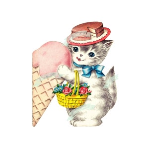 Download digital vintage, gatinho de aniversário, cartão de felicitações vintage, para impressão, imagem de Natal, cartões, álbum de recortes, folha de colagem vintage