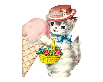 Vintage digitale download, Birthday Kitty kat, vintage wenskaart, afdrukbaar, kerstafbeelding, kaarten, scrapbooking, vintage collageblad