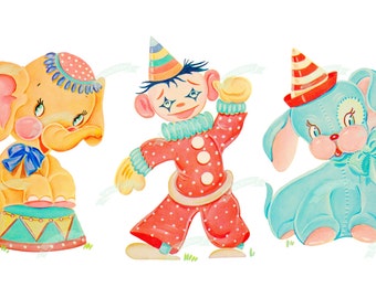 LARGE, Vintage Digital download, Circus Animals, fluffy, Vintage greeting card, Printable, image, Cards, Scrapbooking, Vintage collage sheet