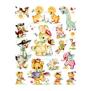 16 animais bebês, download digital vintage, animais fofinhos, cartão de felicitações vintage, imprimível, cartões, scrapbooking, folha de colagem vintage